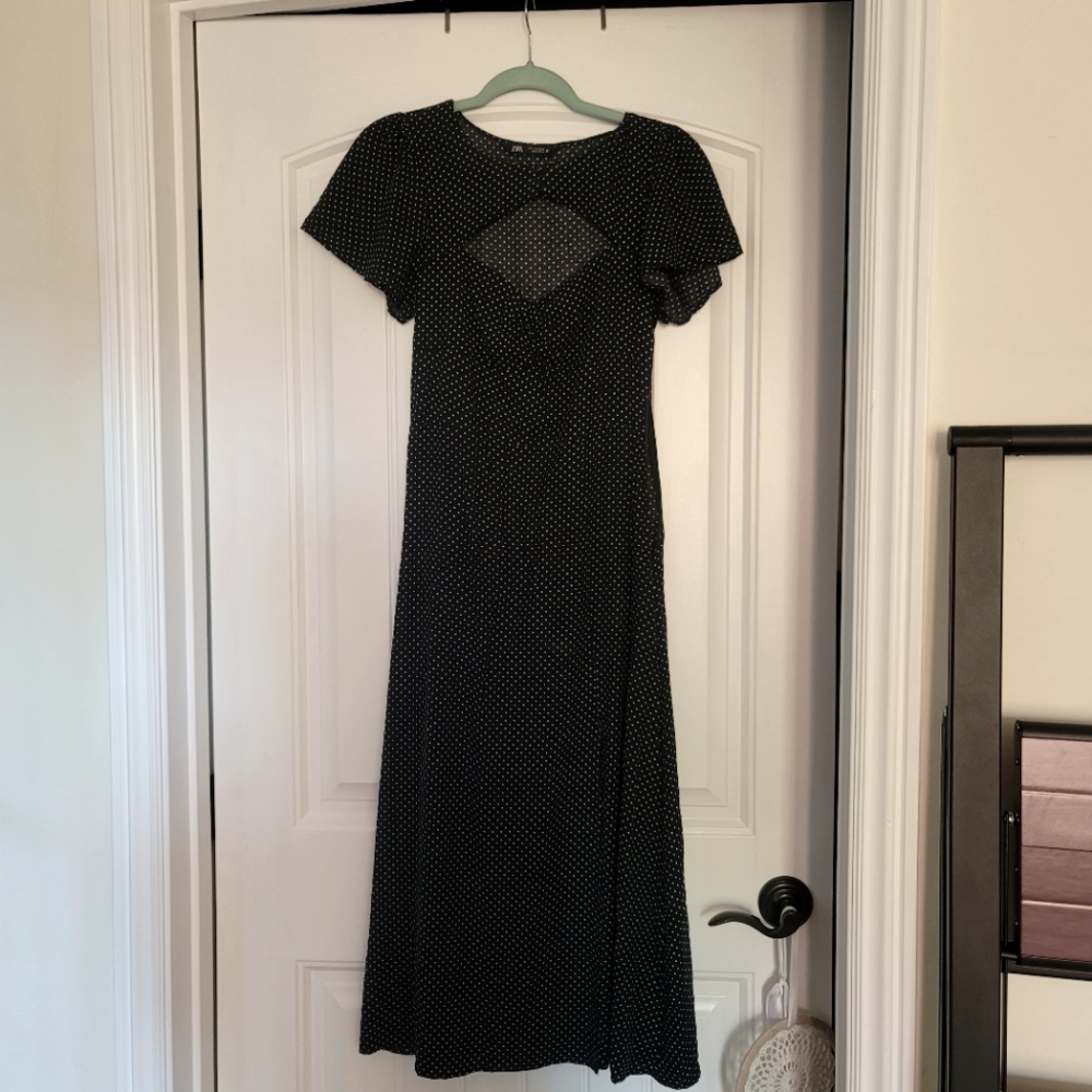 Zara black polka dot side slit dress size S
